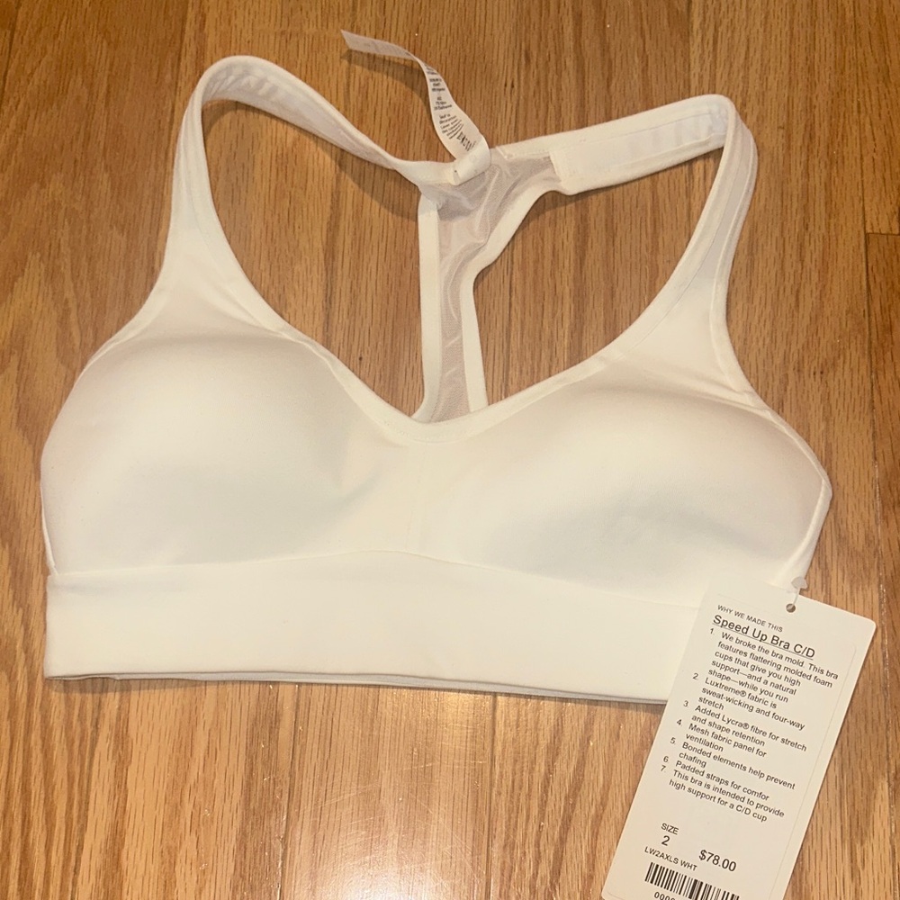 NWT LULULEMON SPEED UP BRA C/D | White | Sz 2 | Lined. Lace t-back.